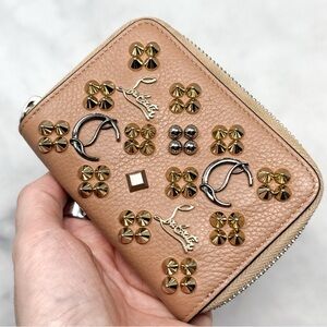 Christian Louboutin Panettone Studded Zip Around Wallet Leather Designer Nude